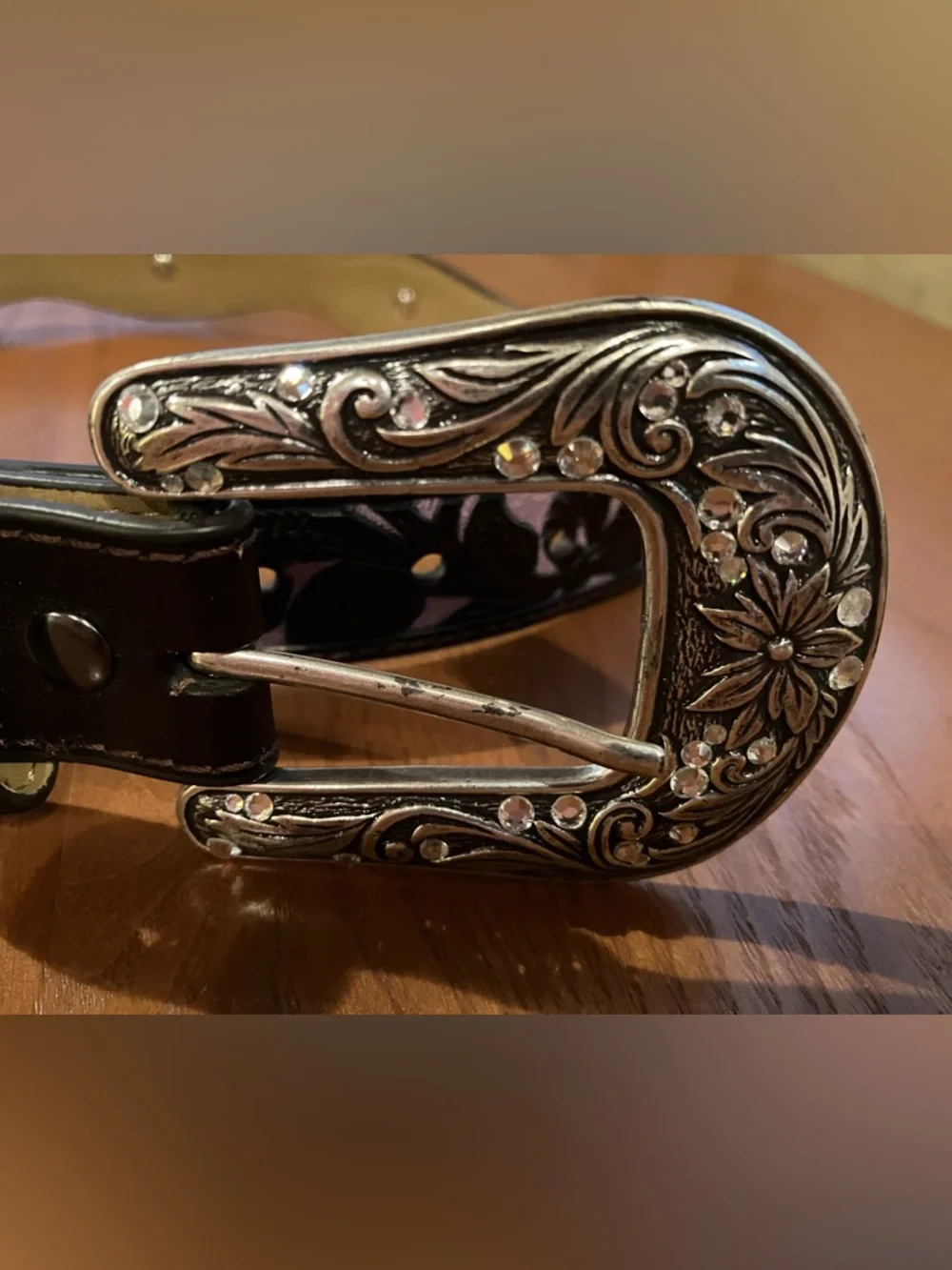 Ariat Girls Black and Purple Leather Belt with Silver Buckle and Rhinestones
